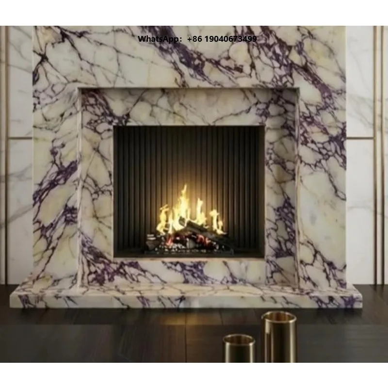 Luxury Viola Marble Fireplace Natural Stone Fireplace Surround Custom Made Mantel  wjr
