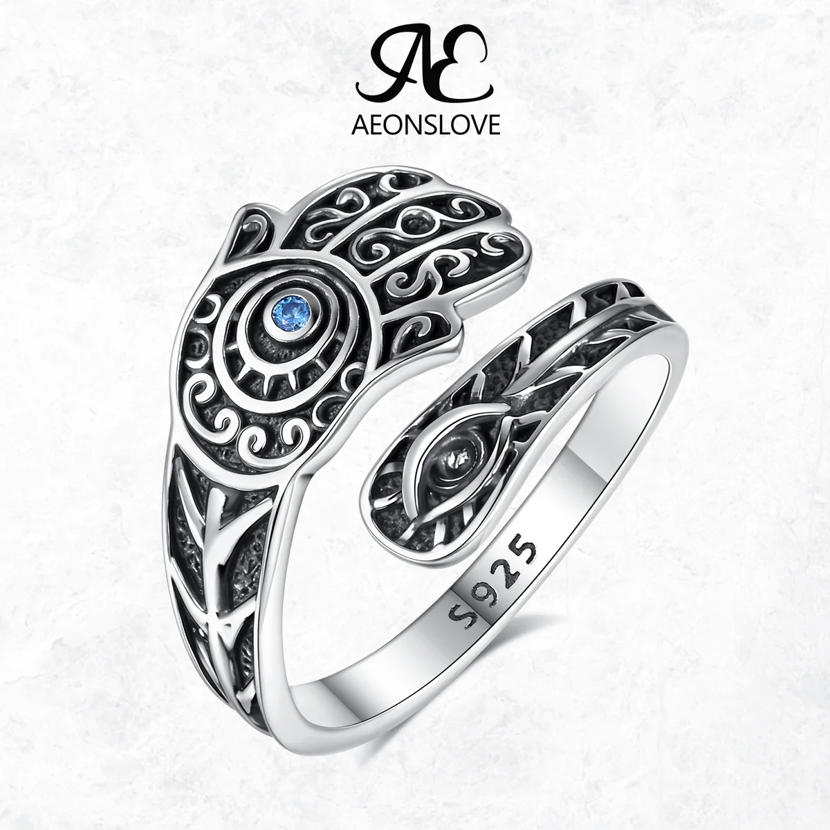 925 Sterling Silver Hamsa Hand of Fatima Evil Eye Ring Blue CZ Open Adjustable Rings Protection Amulet Spiritual Jewelry Unisex