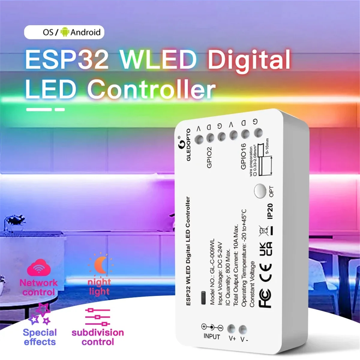 GLEDOPTO ESP32 WLED LED Controller DC5-24V DIY Dynamic Lighting Mode WS2811 WS2812b SK6812 TM1814 WS2813 WS2815 LED Strip Lights