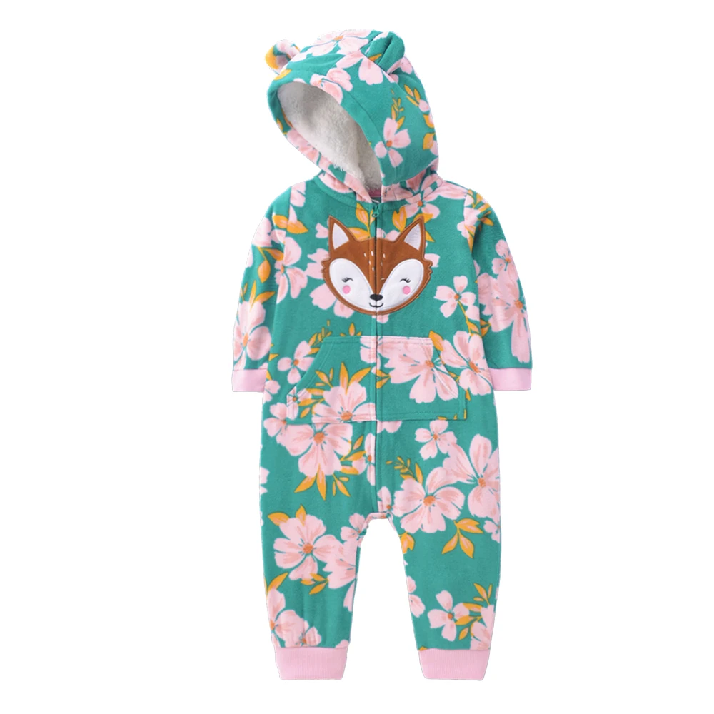 Baby Clothes Spring Autumn Polar Fleece Hooded Girls Romper Cute Cartoon Warm Jumpsuit Kids Pajamas Children Out Wear