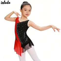 Kid Girls Sparkly Rhinestone Gymnastics Artistic Figure Skating Leotard Dress Costume Sheer Mesh Ballet Jersey Dance Bodysuit