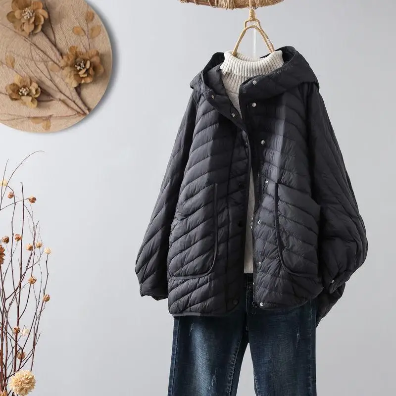 

Lightweight White Duck down Jacket Women's Mid-Length Loose Fit Winter New Style Simple Hooded Lightweight Outerwear