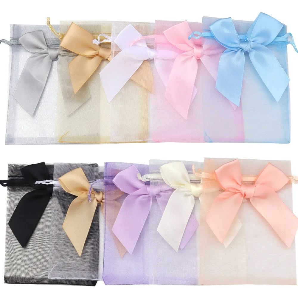 

50pcs/lot New Organza Gift Bag Bowknot Christmas Party Wedding Candy Bags Exquisite Jewelry Packing Bows Drawstring Pouches