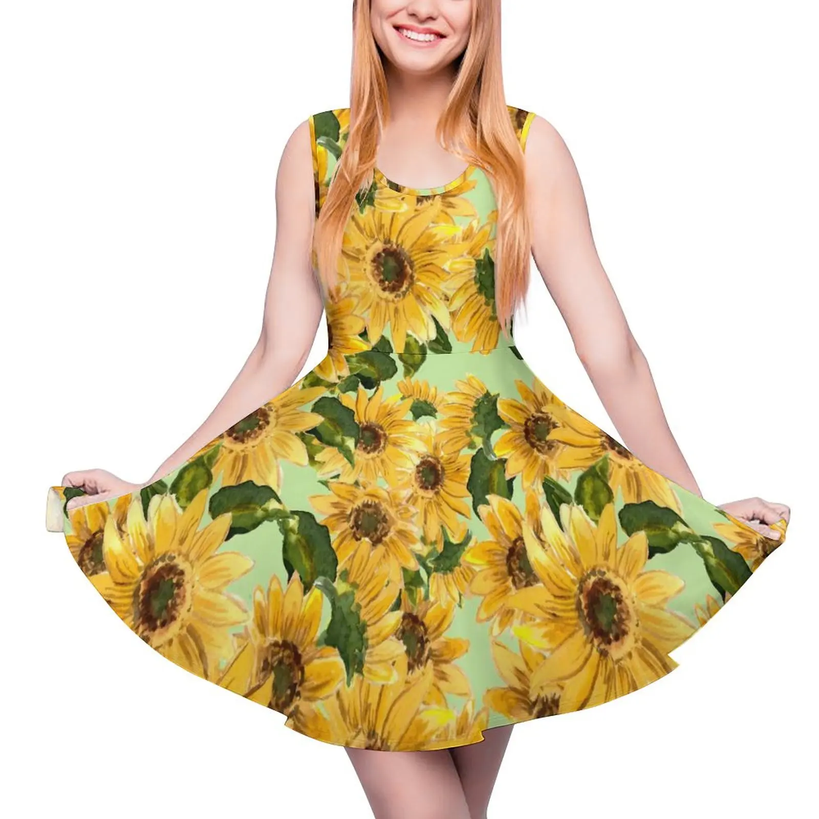 Blooming Sunflower Dress Yellow Flowers Street Wear Dresses Womens Boho Beach Skate Dress Spring Pattern Vestido Large Size