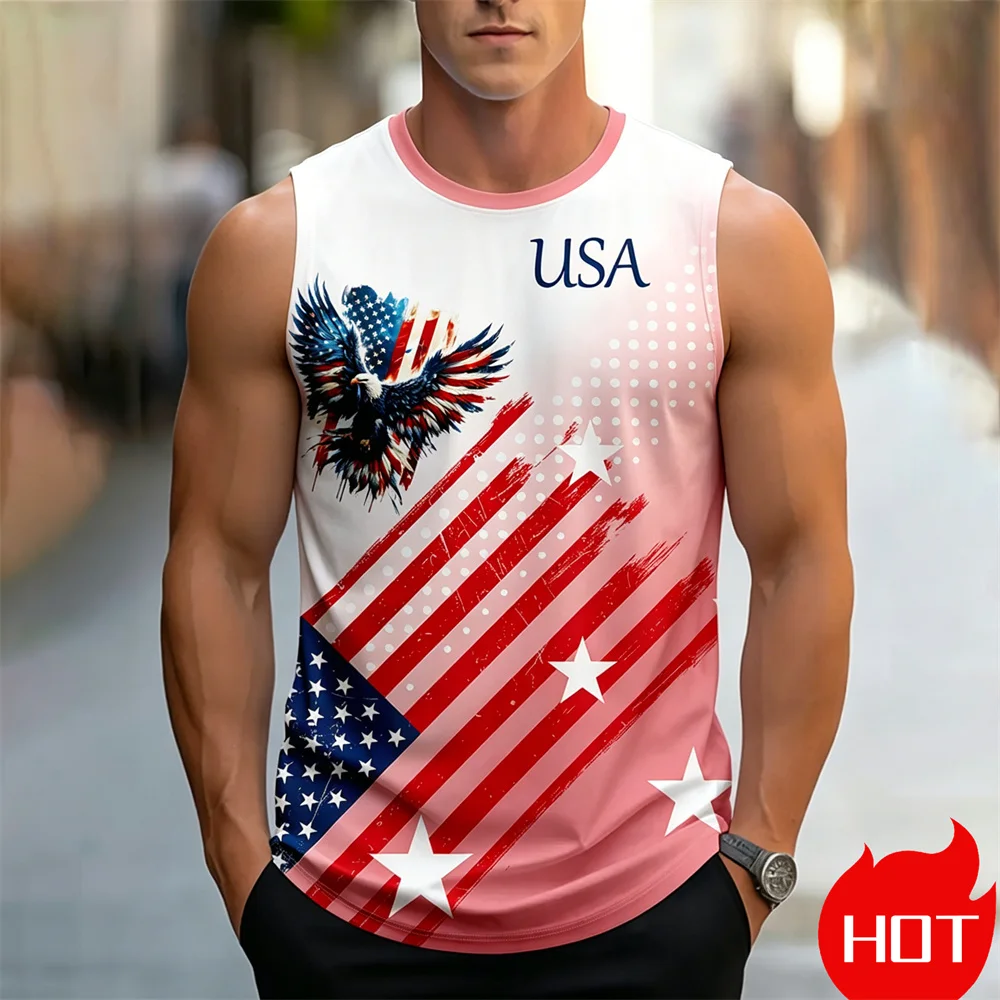 American Flag Print Men's sleeveless T-shirt Casual Gradient men's t-shirts and tank tops Clothing Round neck loose fitting vest