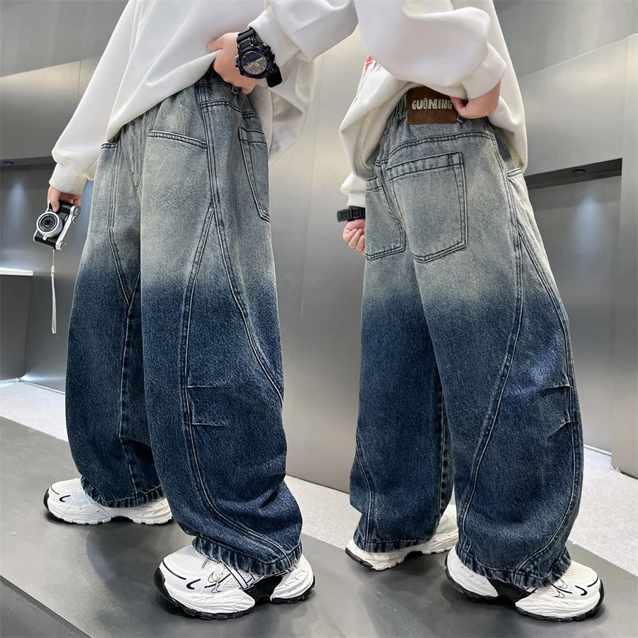 

High Quality Children Baggy Jeans y2k Trousers for Teen Boy Luxury Vintage Gradient Blue Denim Pants Kids 5 6 7 8 9 11 12 13 14Y