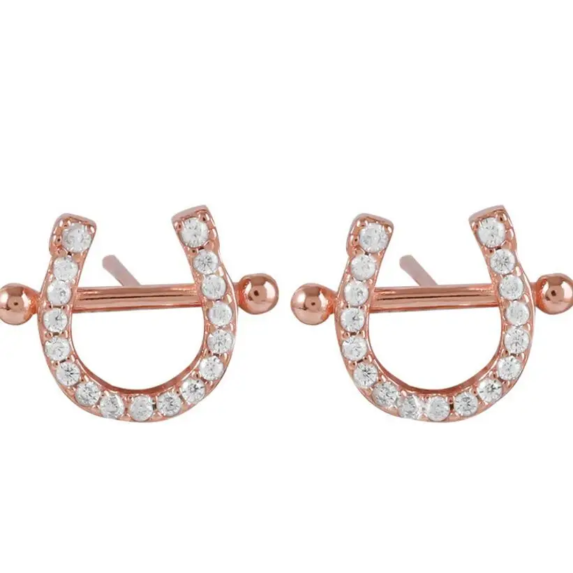 925 Sterling Silver 14K Gold Plating Pavé Crystal Horseshoe U-shaped Stud Earrings Women Light Luxury Wedding Party Jewelry