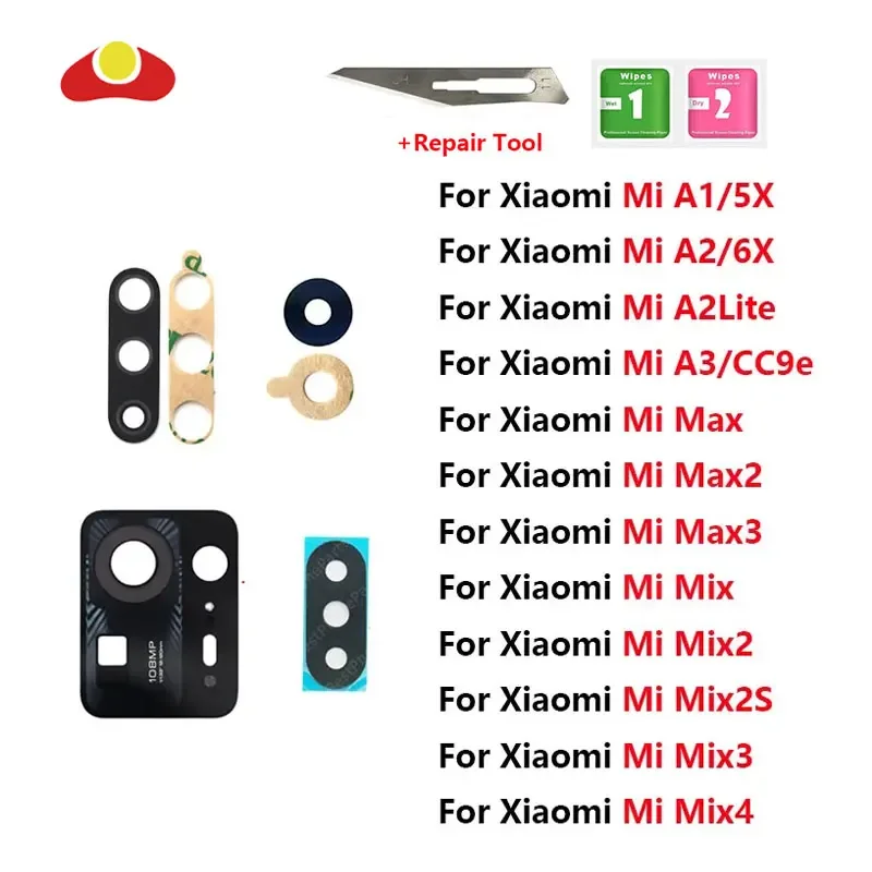 For Xiaomi Mi 5X 6X A1 A2 Lite A3 CC9e Mix 2S 3 4 Max 2 3 Rear Back Camera Glass Lens with Tool Sticker Replacement Parts