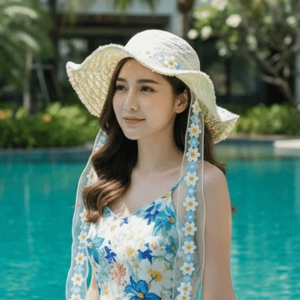 

Breathable Vacation Beach Cap Lightweight with Lace Big Brimmed Straw Hat Sombrero Sunshade Topi Woven Sun Cap Fashion Show