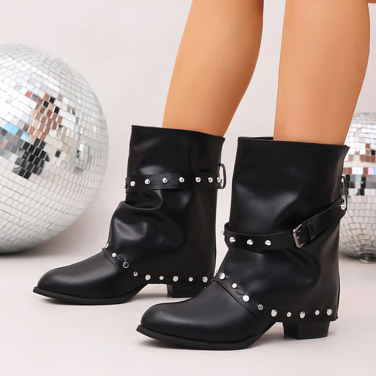 Rivet Buckle Slouch Women Mid Calf Boots Round Toe Pants Tube Leather Boots Autumn Winter Vintage Ladies Western Cowboy Boots