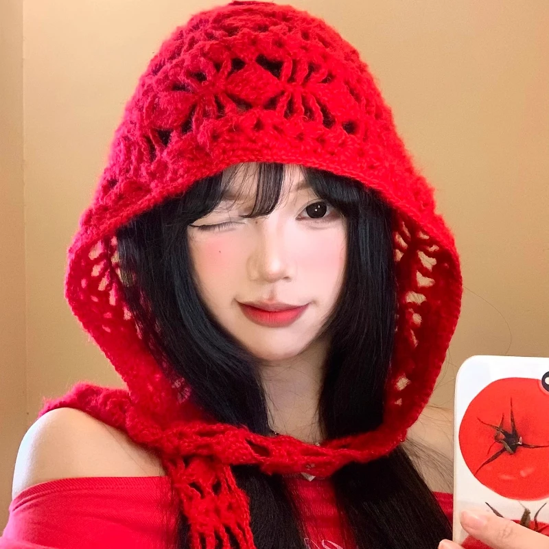

Retro Red Handmade Crochet Hollow Pullover Hats for Women Spring Autumn Travel Photo Atmosphere Versatile Casual Strap Beanies