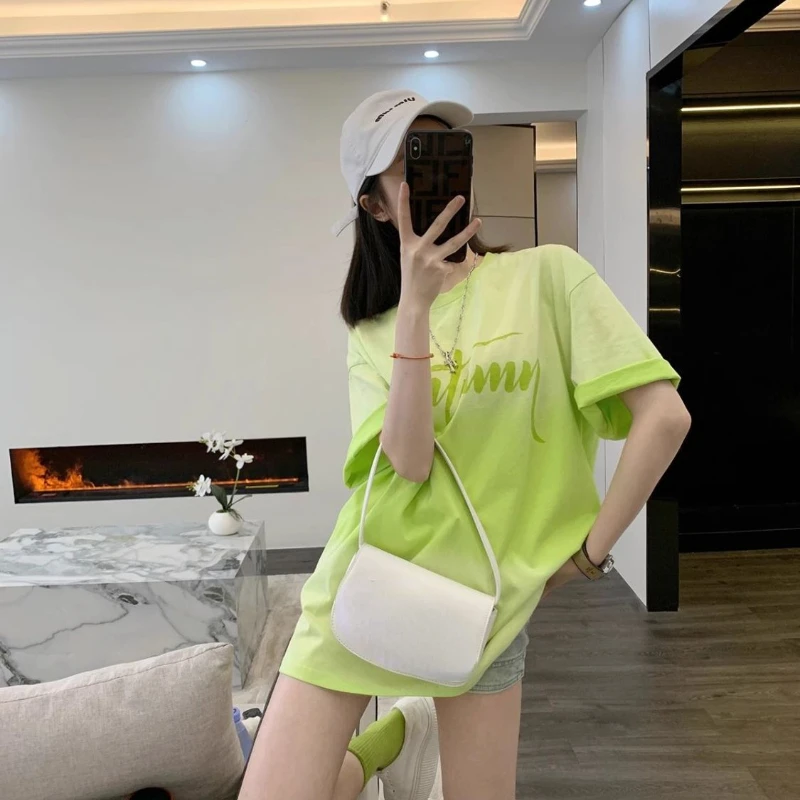 DAYIFUN Avocado Green Girls' Tshirts Summer Letter Printing Gradient Bright Color Long Tees Women's Oversized Short Sleeve Tops