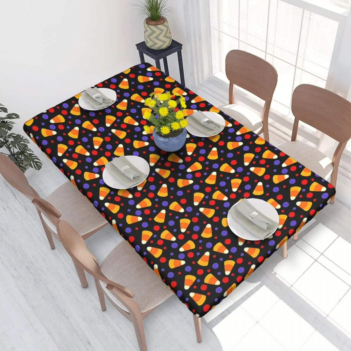 Custom Rectangular Waterproof Oil-Proof Halloween Candy Corn Black Witchful Thinking Tablecloth Table Covers 4FT Fit Table Cloth