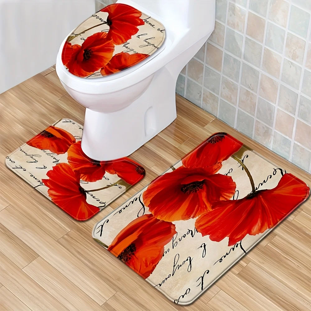 1 Set Floral Poppy Lettering Bathroom Rugs, 3pcs Non-Slip Machine Washable Blend Bath Mats, Oblong Toilet Lid and Floor Carpet