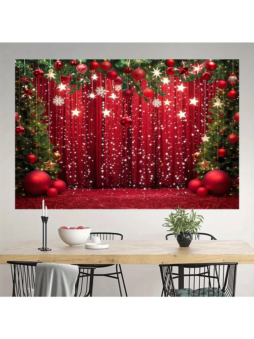 Merry Christmas and Happy New Year photo background - red snowflakes and Christmas ball theme, suitable for family gatherings