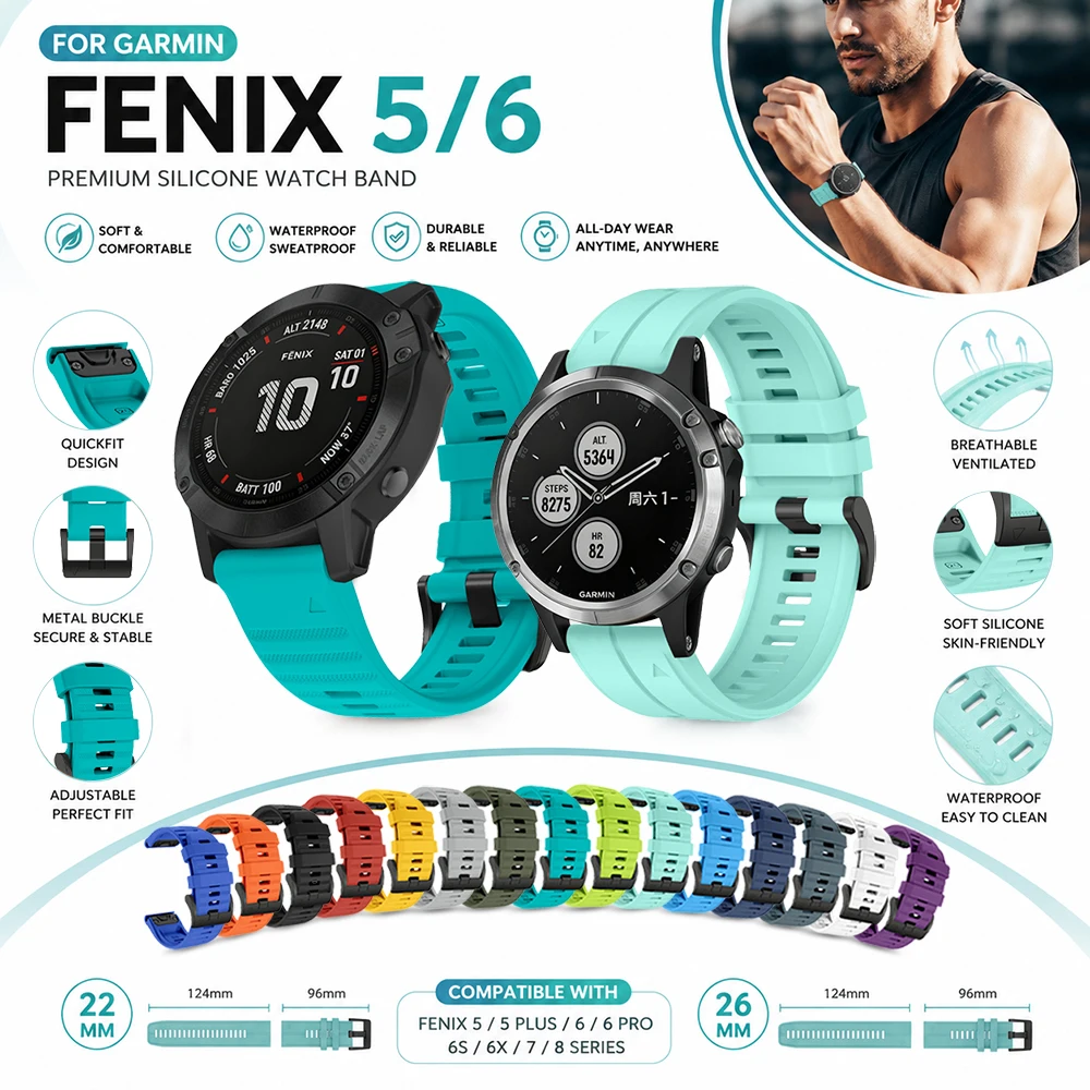 22MM 26MM Silikonarmband Kompatibel mit Garmin Fenix 5 6 7 Wasserdichtes Langlebiges Uhrenarmband für Garmin Fenix 8 8 Pro 47mm 51mm