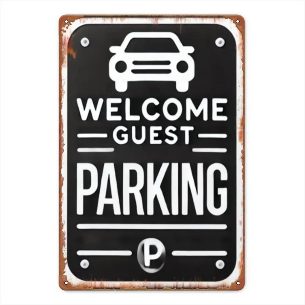 Vintage Metal Sign - Welcome Guest Parking Round Iron Wall Decor, Durable Outdoor Garage Porch Cafe Bar Man Cave Decor
