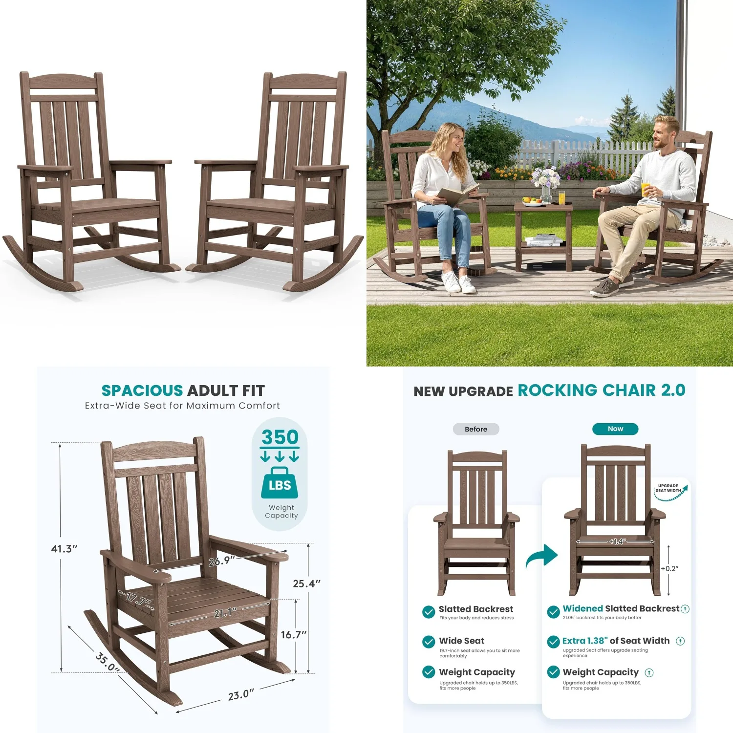 

Комплект из 2 уличных кресел-качалок из HDPE, всепогодные кресла-качалки для патио и веранды для взрослых, коричневые, на заказ