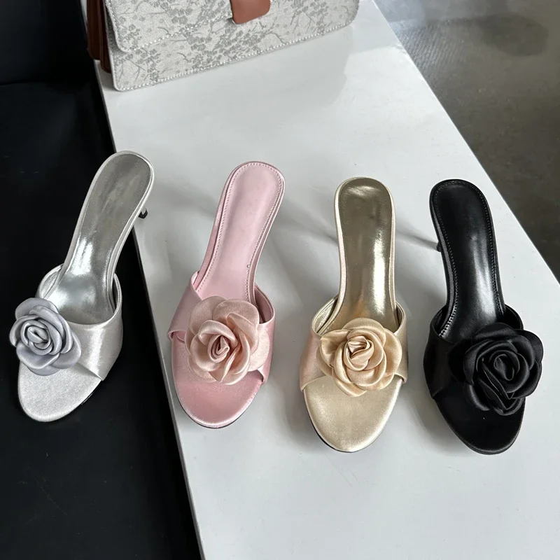 Summer Fashion Flower Woman Slippers Thin Low Heels Party Stripper Ladies Mules Slides Zapatos Mujer