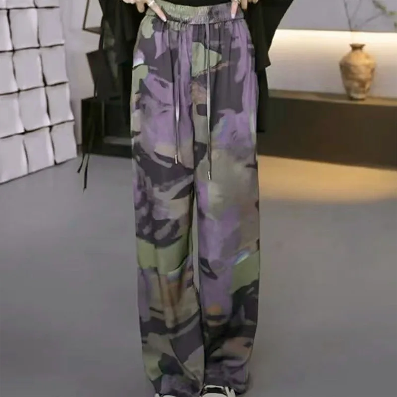 

Camouflage Pants Women Spring Summer Elastic Waist Loose Wide Leg Vintage Harajuku Trousers s646