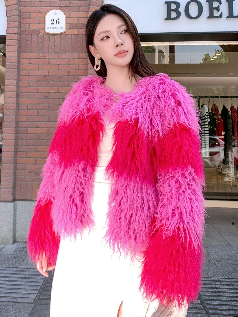 Autumn Winter Popular Rose Red Peach Pink Contrasting Color Fur Coat Imitation Beach Sheep Woolen Short Colorful Jacket Female