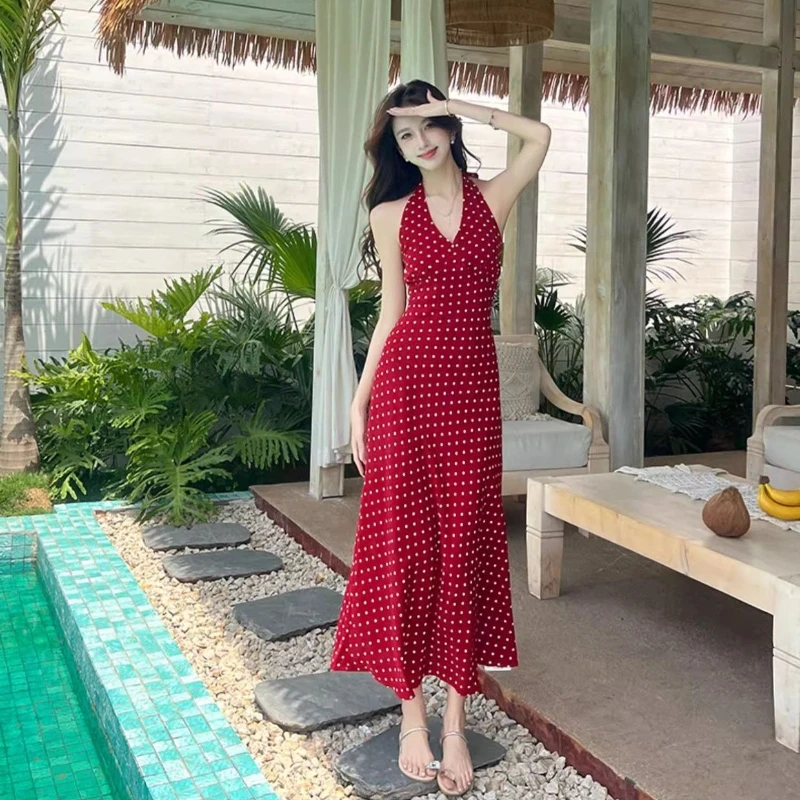 French Retro Sweetheart V-neck Red Polka Dot Halter Neck Dress for Women, Summer Backless Tie-Strap Sleeveless Long Dress.