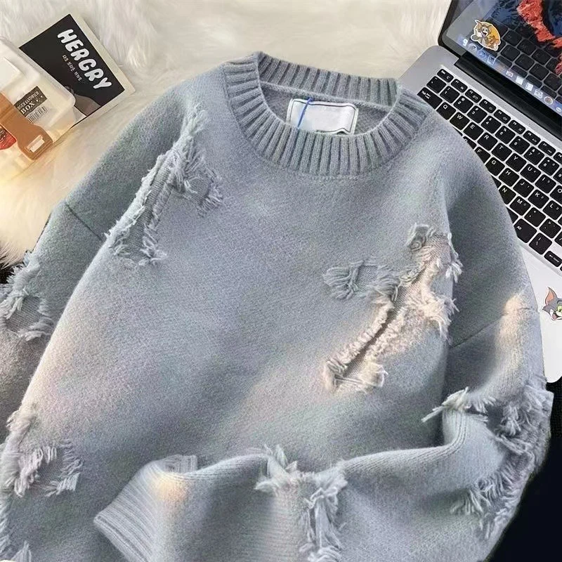 Otoño Invierno, suéter con flecos y agujeros para hombre, prendas de punto para hombre, jerséis holgados con cuello redondo y viento neutro, suéter de punto de gran tamaño