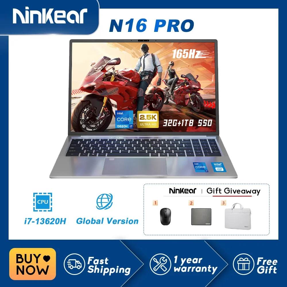 Ninkear Laptops N16 Pro,Intel Core i7-13620H,2.5K IPS ,WiFi 6 165Hz ,32GB RAM+1TB SSD, Gaming Office Laptop Windows 11 Notebook