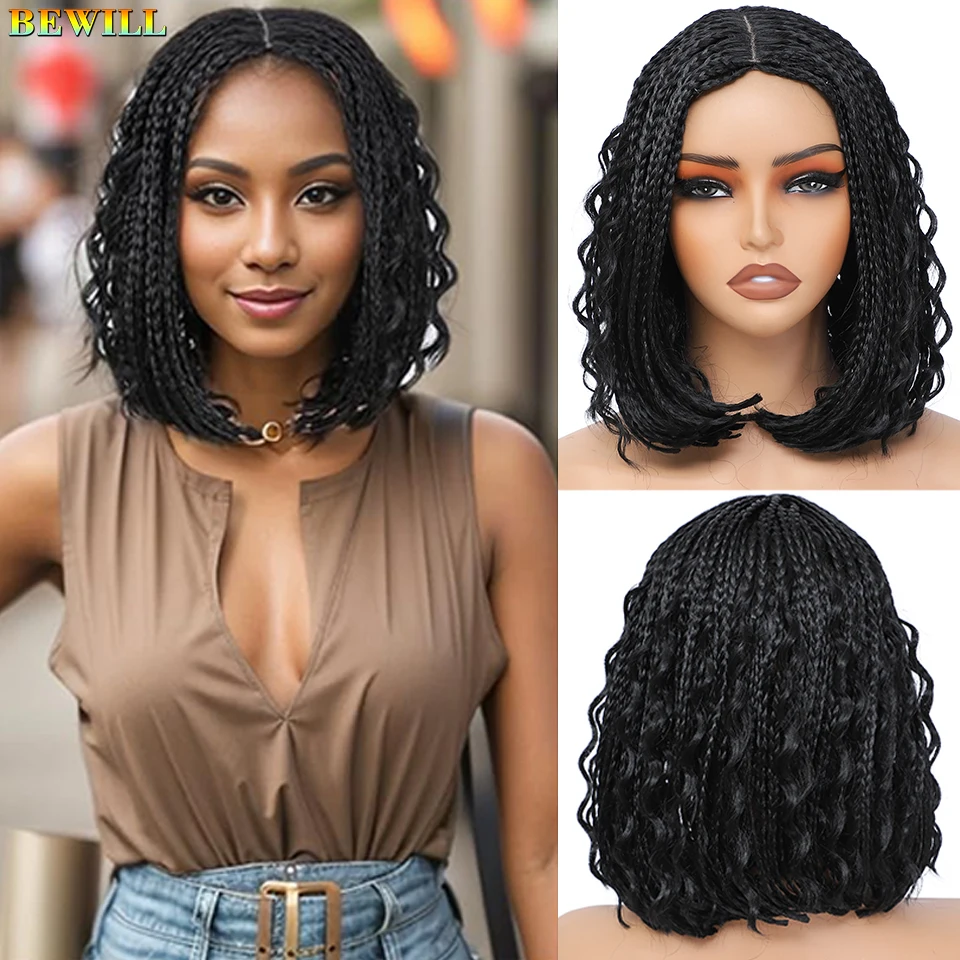 

12 Inches Short Braided Bob Wigs Boho Box Braids Hair Wig Goddess Crochet Box Braided Wigs Curly Synthetic Wig for Black Women