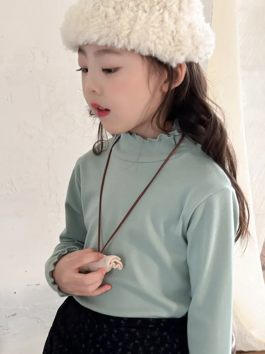 Girls Base Shirt Korean Mid Neck Base Shirt with Black Fungus Edge Solid Top with Lace Base for Baby Girls