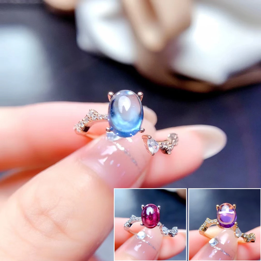 

MeiBaPJ 6*8 Natural Lodon Blue Topaz/Garnet/Amethyst Ring for Women Real 925 Sterling Silver Fine Wedding Jewelry