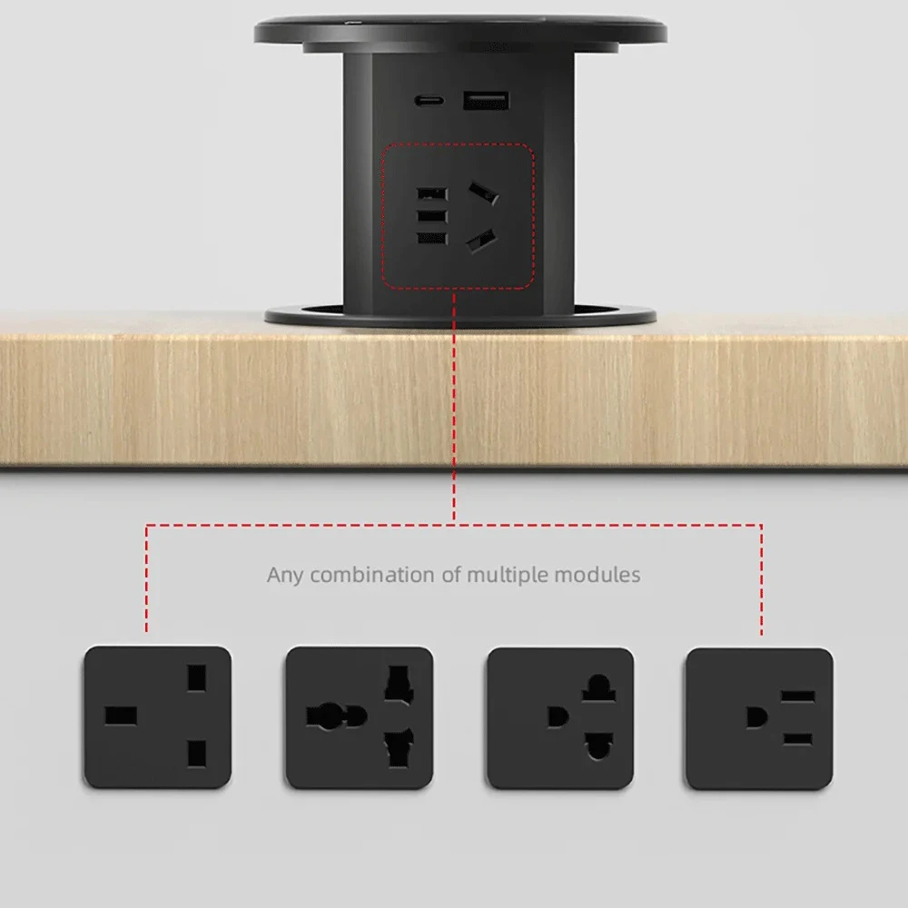 Hydraulic Lifting Power Outlet: Automatic Pop-Up USB Socket with Universal Plug Adapter, Wireless Charger, and Table Integration