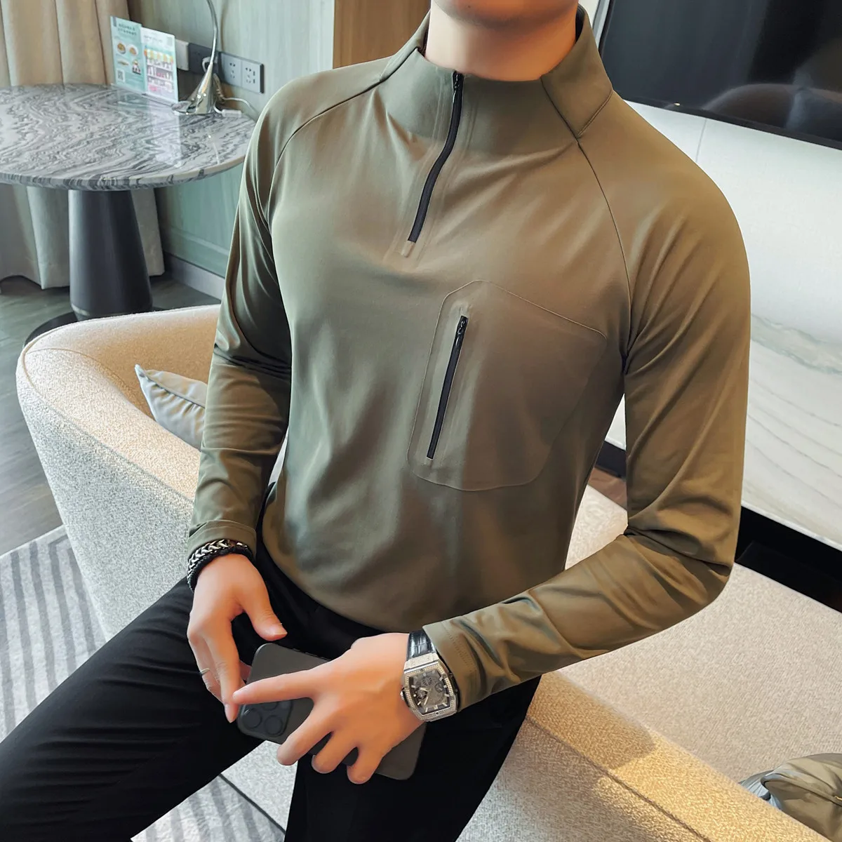 

2025 Autumn Mock Neck Men's T-shirt Long Sleeve Elastic Stand Collar Casual T-shirt Half Zip Business Social Sports Base Shirt