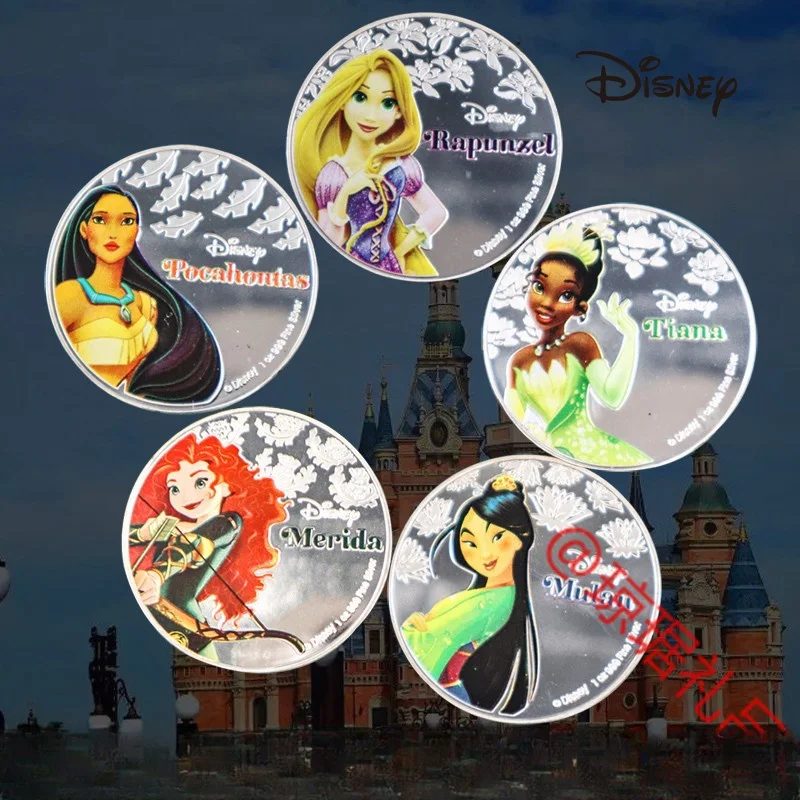 5PCS Disney Princess Commemorative Coin Snow White Cinderella Sleeping Beauty Cute Action Anime Collectible Toys Ornaments Gifts