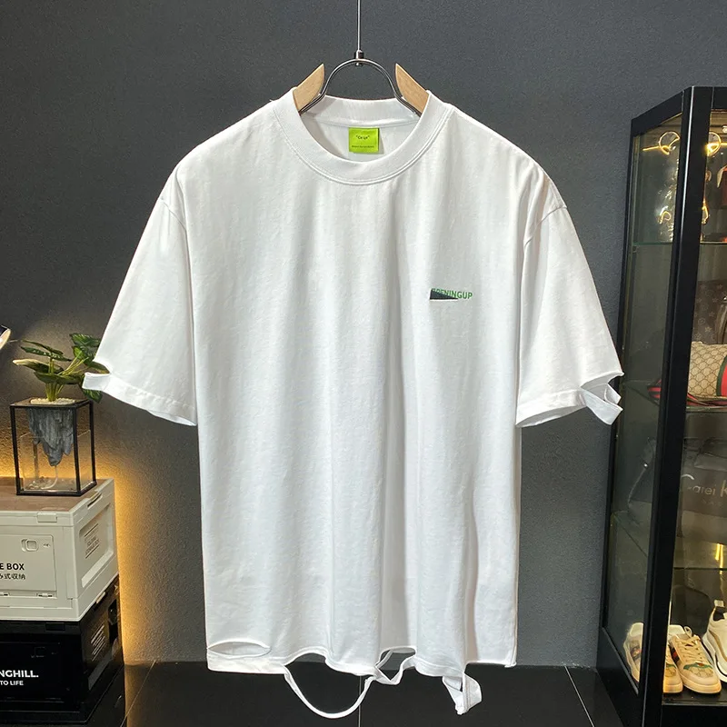 

Heavy300g summer new ripped half sleepvett-shirt MEN'S FASHION street loose casual couple short sleeve top