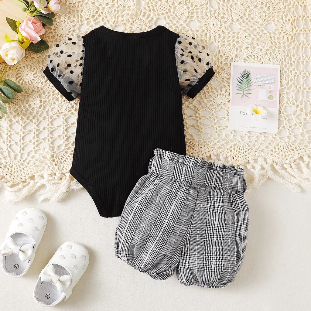 Newborn Baby Girl 2PCS Clothes Set Short Sleeve Bodysuit+Plaid Shorts Fashion British Style Clothes Outfit for Infant 0-18M