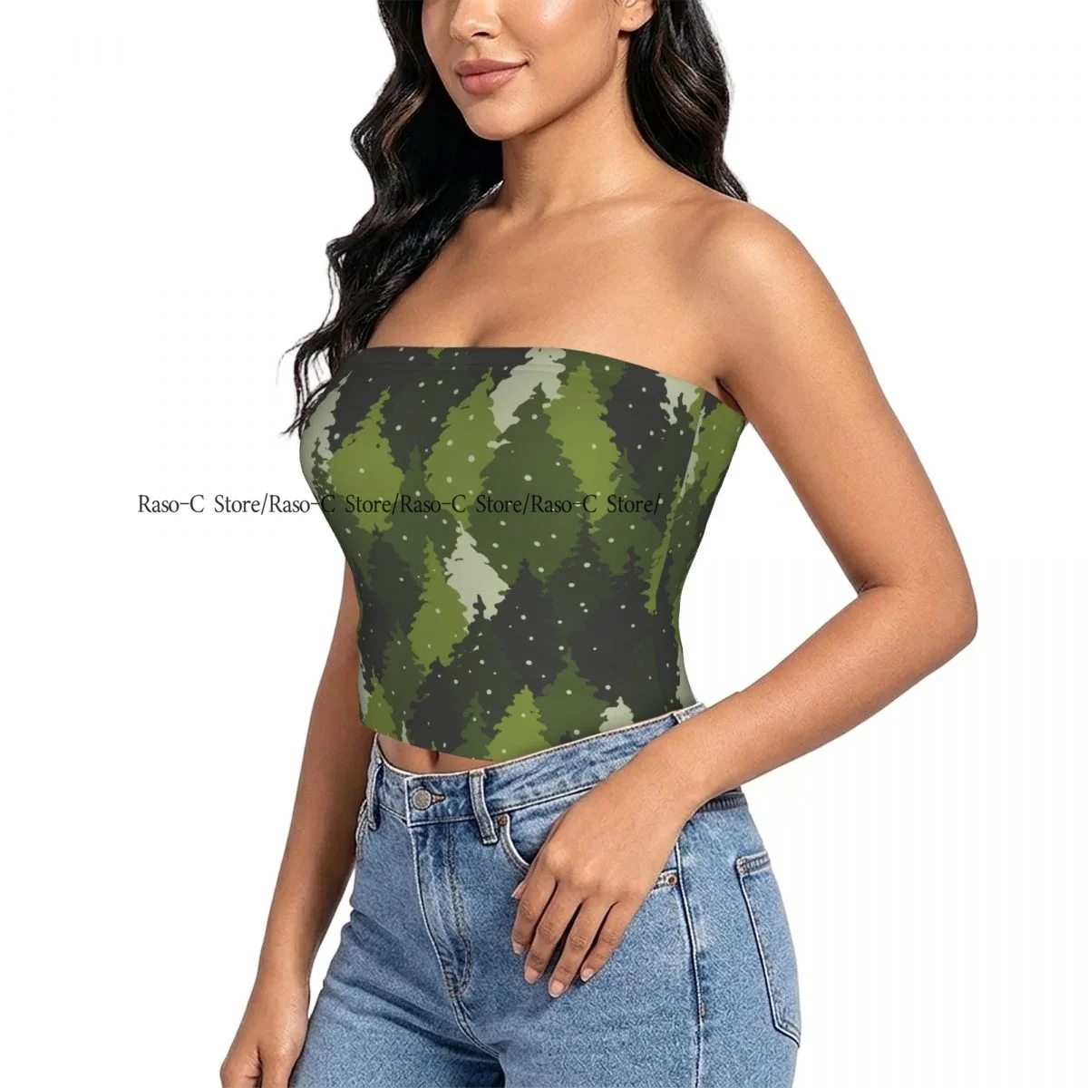 Women's strapless halter top Forest Landscape Camouflage summer sexy short-sleeved top