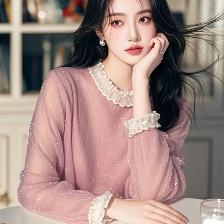 2025 Spring New French Glitter Chiffon Shirt Chic Lace Loose Shirt Top