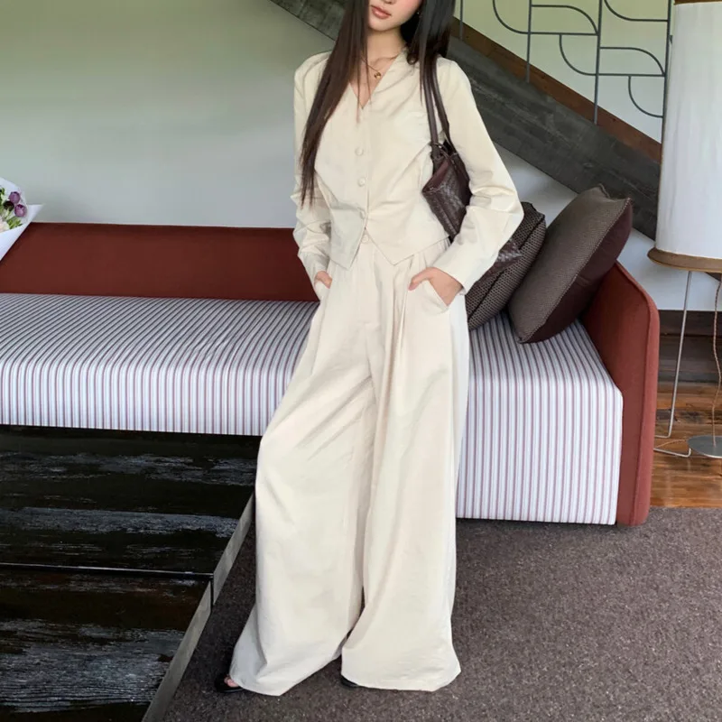 KWTX 여성용 투피스 세트 2025 봄 여름 캐주얼 레트로 V넥 긴팔 셔츠 하이웨이스트 와이드 레그 팬츠 우아하고 편안함