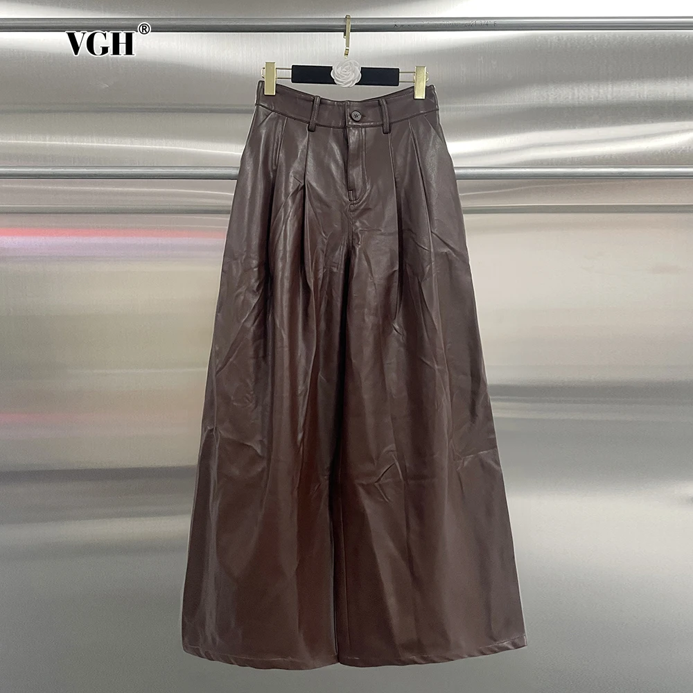 

VGH Retro Pu Leather Women's Patchwork Pockets Casual Pants High Waist Spliced Button Loose Long Autumn Trousers Female Clothes