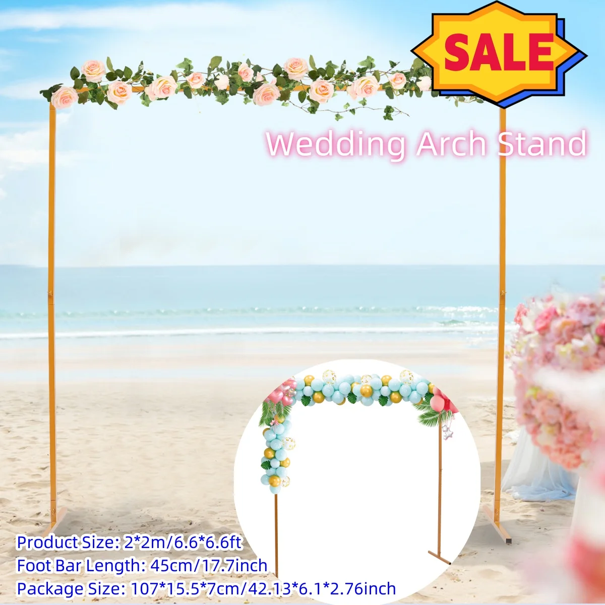 

6.6 x 6.6 FT Wedding Arch Stand with Bases Easy Assembly Square Garden Metal Abor for Outdoor Party Event Decoration(Yellow)