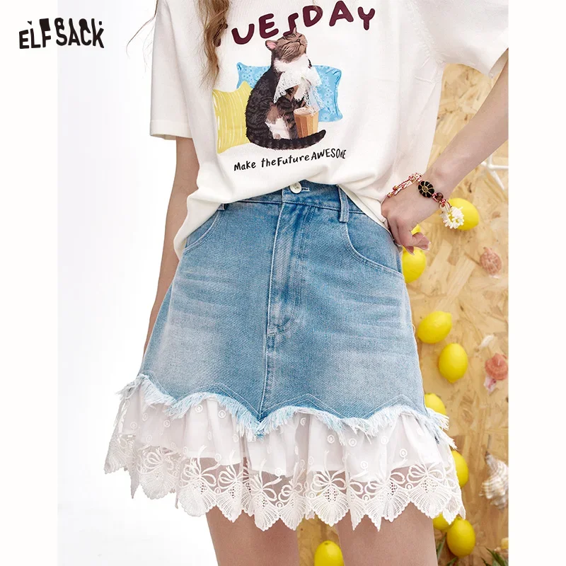 ELFSACK Summer Lace And Lace Patchwork A-Line Denim Skirt For Women