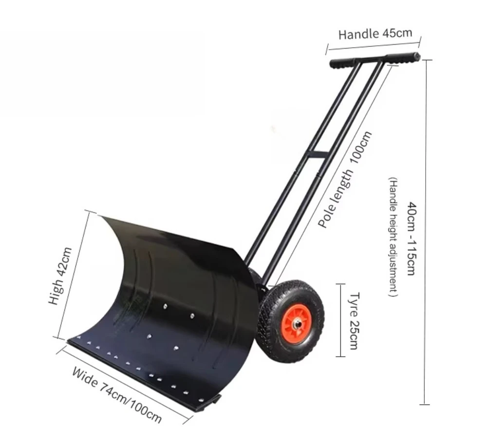Brand New Hand Push Snow Shovel with Pneumatic Wheel Rolling Push Snow Shovel, Black Straight Double Rod 7 Gear Adjustment