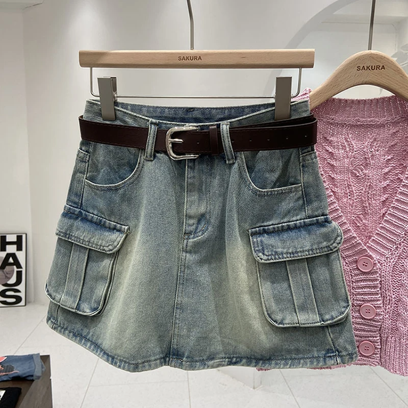 Retro Gothic Y2k Off White Mini Skirt Fashion Harajuku Multi Pocket Denim Plaid Skirt Womens Streetwear Casual Sexy Short Skirt