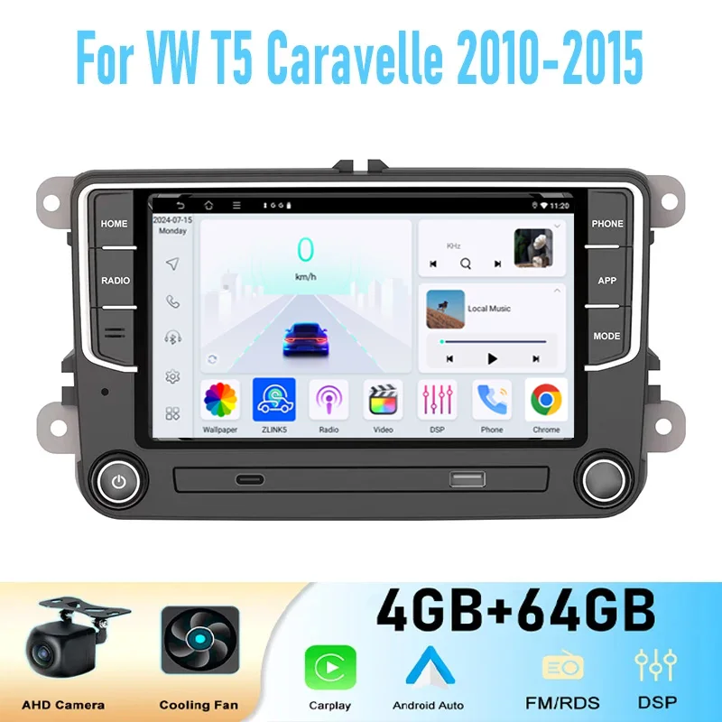 

7'' For VW T5 Caravelle 2010-2015 GPS Car Stereo Radio Wireless Apple Carplay BT Android 15 Auto Head Unit Camera WIFI 4-64GB