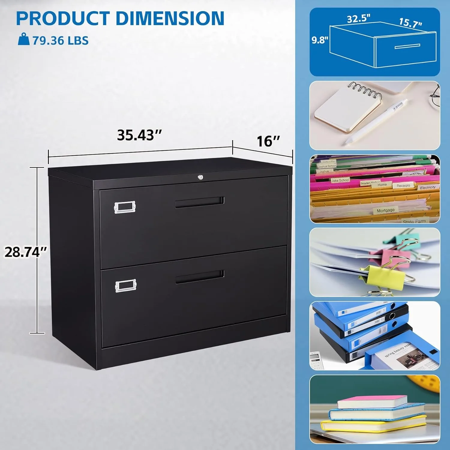 2 Drawer Lateral File Cabinet Metal Filing Cabinet with Lock Office Home Steel Lateral File Cabinet for A4 Legal Size Cabinet