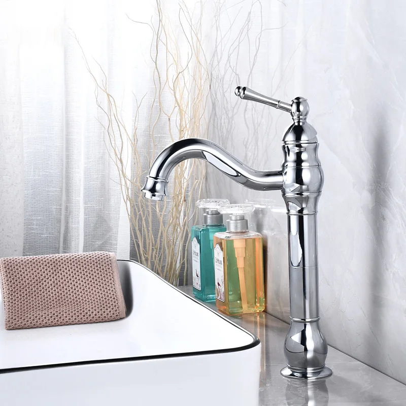 

Antique Brass Basin Faucet Bathroom Vessel Sink Faucet Tall Type Deck Mounted Rotation Long Spout Lavatory Hot Cold Mixer Tap