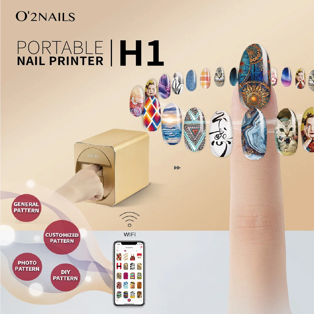 O2nails Mesin Cetak Nail Art Portabel H1 Mobile Nail Art dengan Body Logam untuk Penggunaan Rumah Salon Kuku