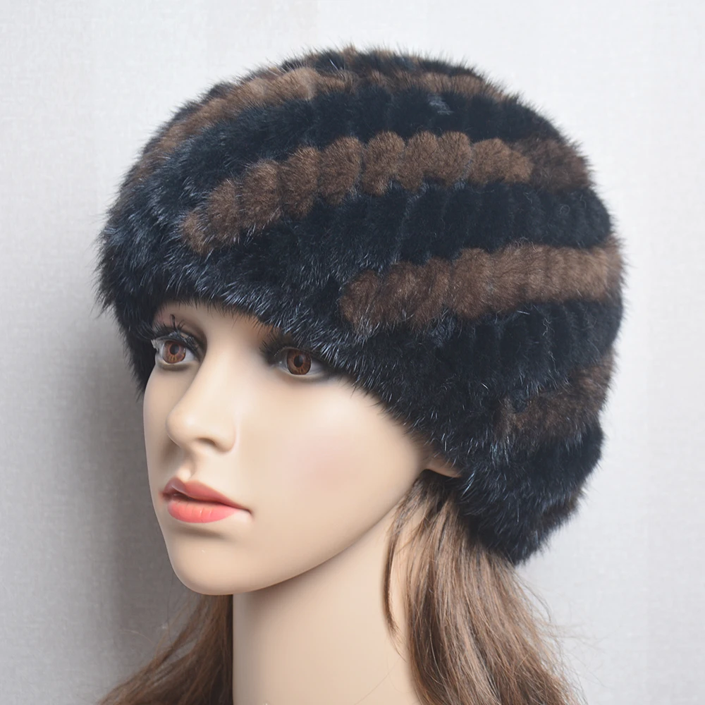 New Fashion Genuine Real Natural Women\'s Knitted Mink Fur Hat Handmade Knit Fashion Winter Headgear Berets Cap