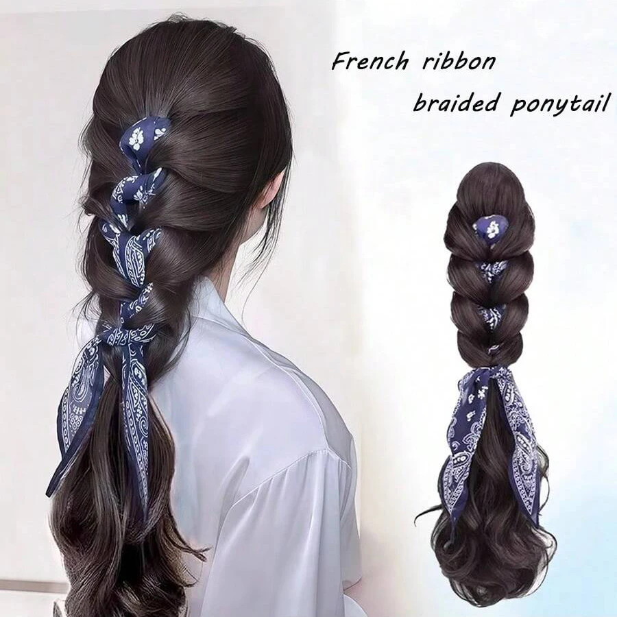 Synthetic 16inch short claw French ribbon braided ponytail extenstions New vintage Fried Dough Twists braid curl ponytail